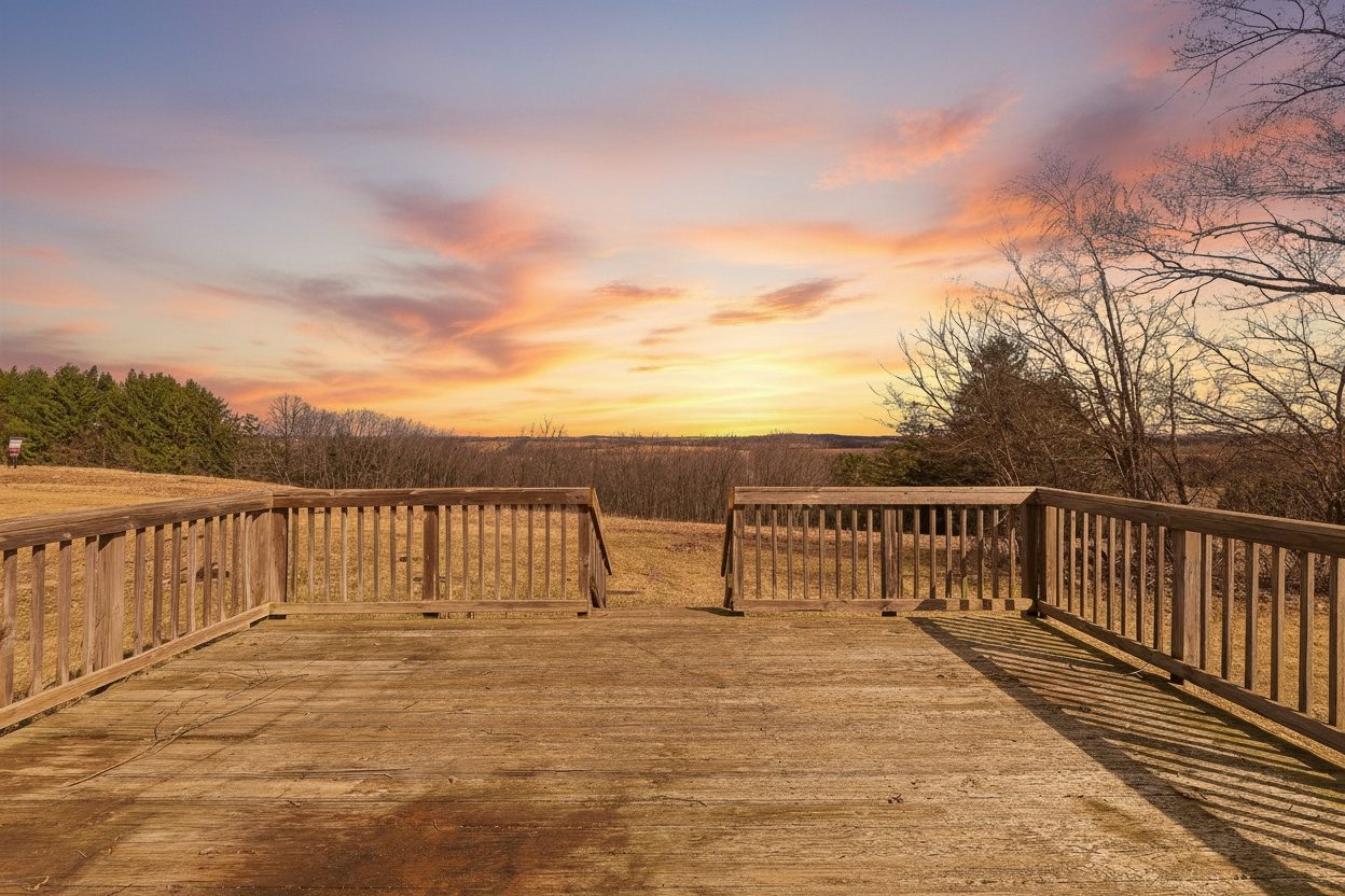 A wooden deck overlooking an open field at sunset near Mayville, Wisconsin.